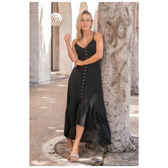 SOLD OUT Black Solid High Low Button Front Maxi Sleeveless Summer Casual Dress - Picture 5 of 7